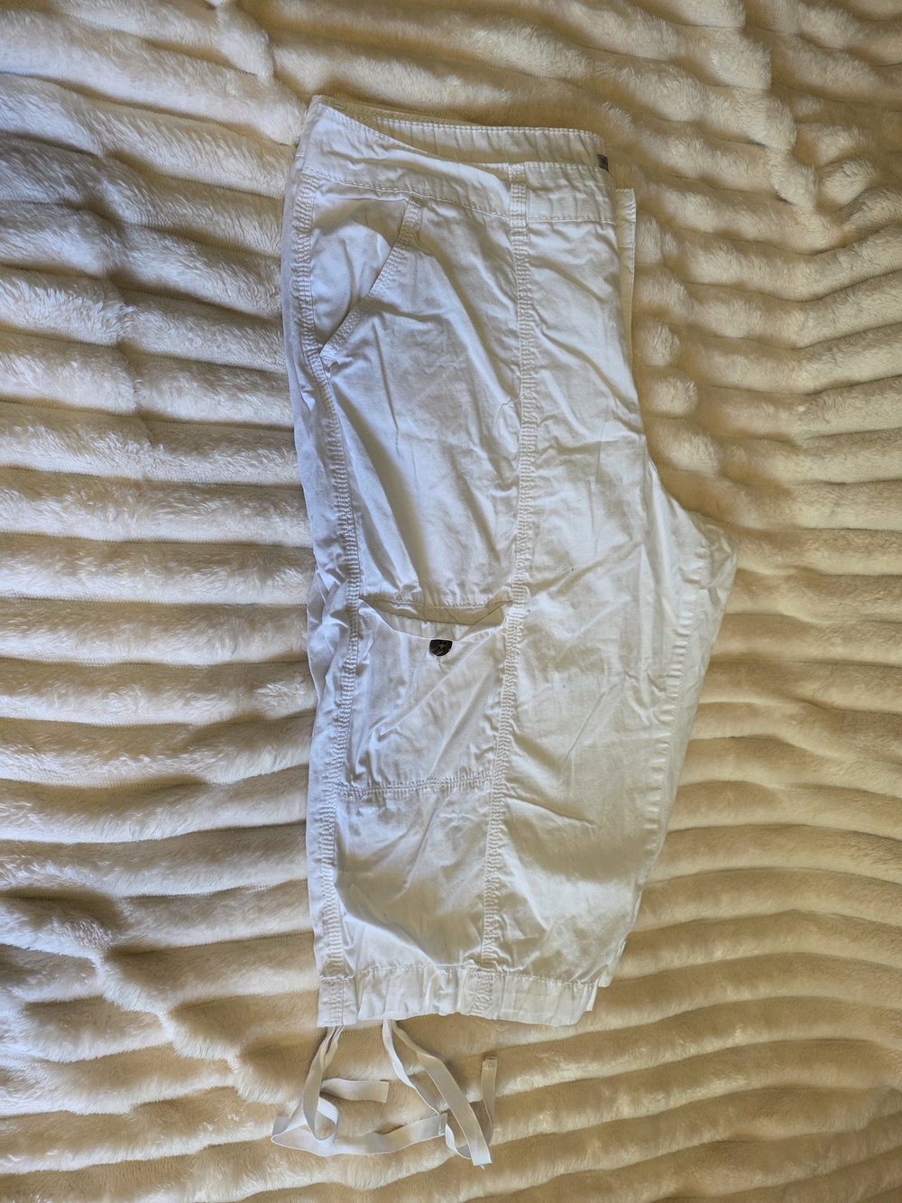 White Cargo Capri Pants with Drawstring Hem